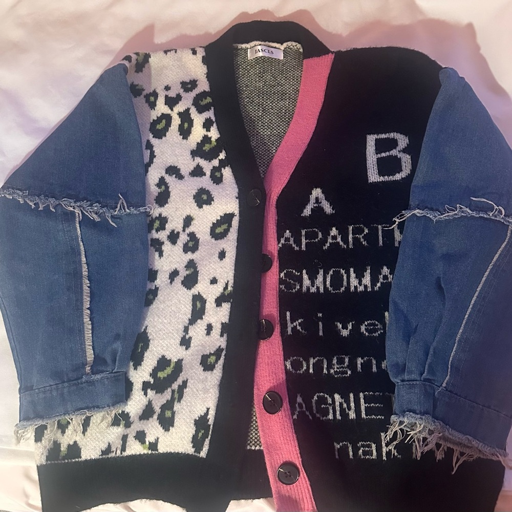 Cardigan Sweater Knit Denim Puff Sleeve Button-down Snow Leopard print